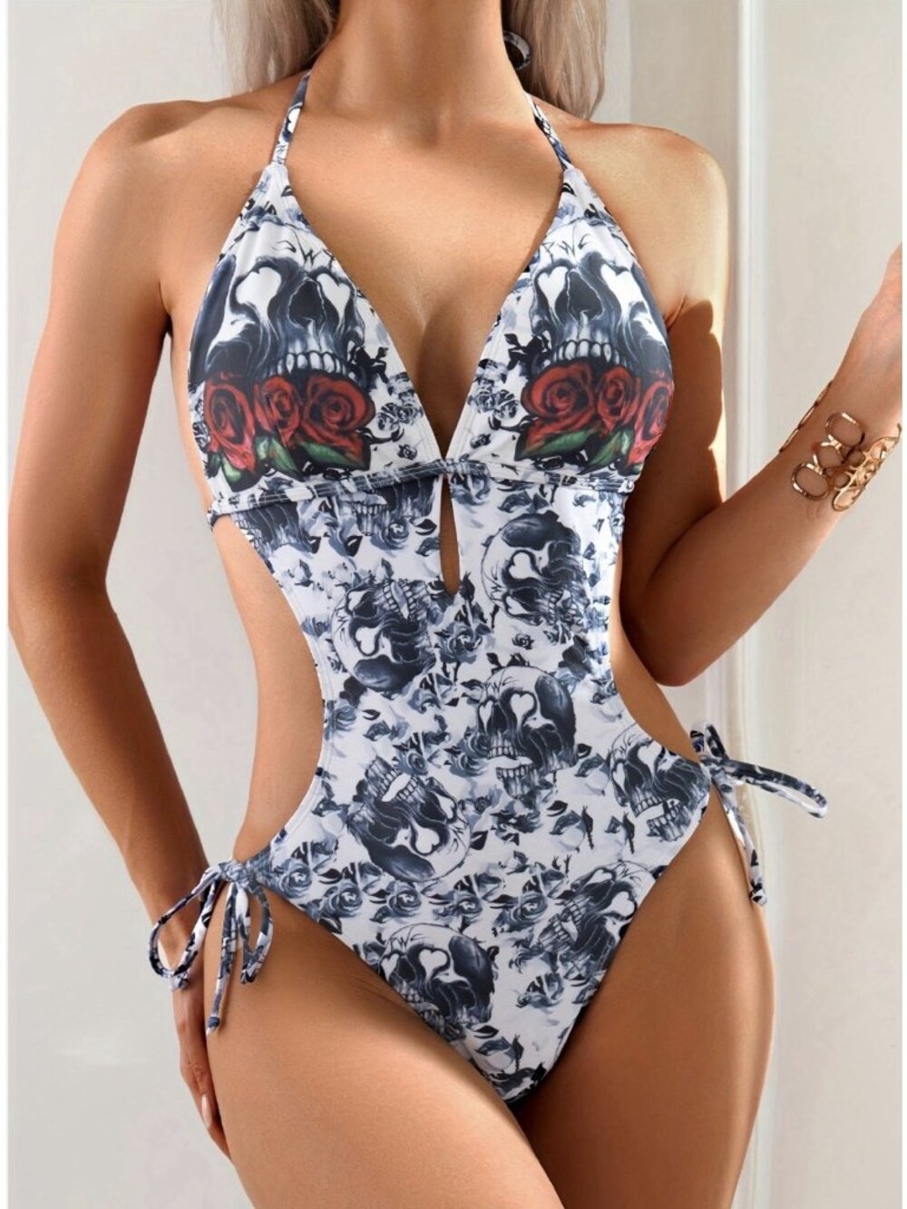 Womens 1-Piece Skeleton & Roses Punk Gothic Swimsuit Size Med